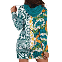 Hawaiian Plumeria Lei Hoodie Dress Kakau Motifs and Palaka Half Style Turquoise Color - Polynesian Pride