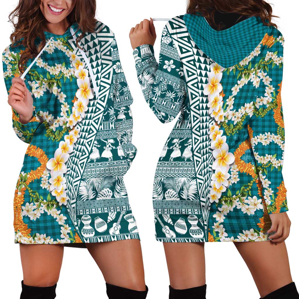 Hawaiian Plumeria Lei Hoodie Dress Kakau Motifs and Palaka Half Style Turquoise Color - Polynesian Pride