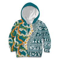 Hawaiian Plumeria Lei Kid Hoodie Kakau Motifs and Palaka Half Style Turquoise Color - Polynesian Pride