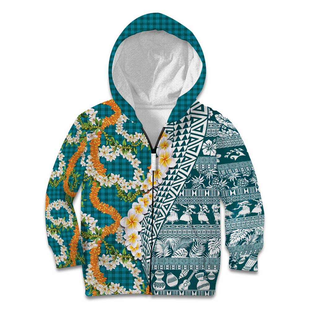 Hawaiian Plumeria Lei Kid Hoodie Kakau Motifs and Palaka Half Style Turquoise Color - Polynesian Pride