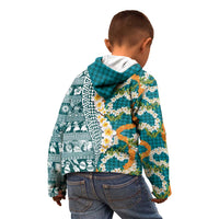 Hawaiian Plumeria Lei Kid Hoodie Kakau Motifs and Palaka Half Style Turquoise Color - Polynesian Pride