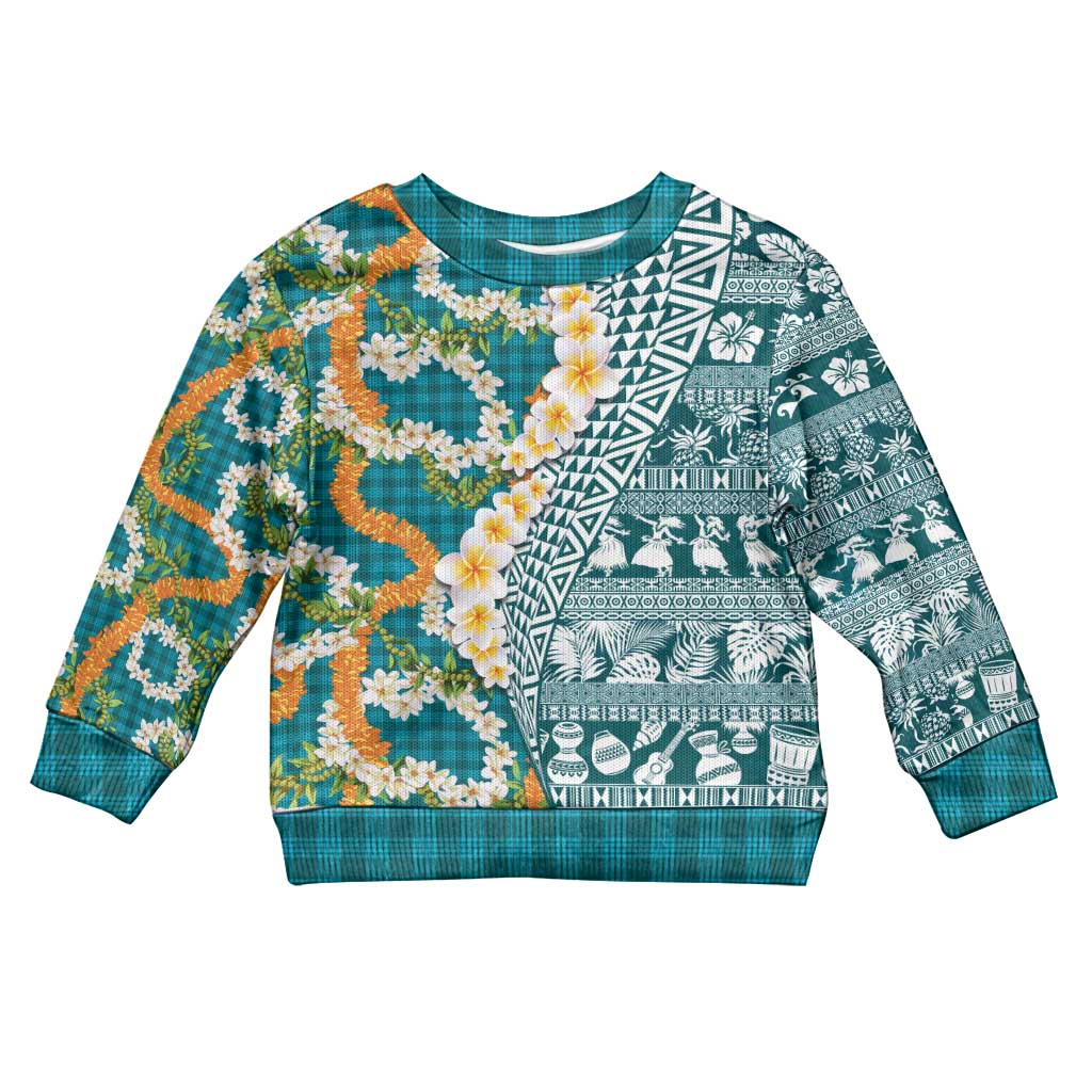 Hawaiian Plumeria Lei Kid Ugly Christmas Sweater Kakau Motifs and Palaka Half Style Turquoise Color - Polynesian Pride