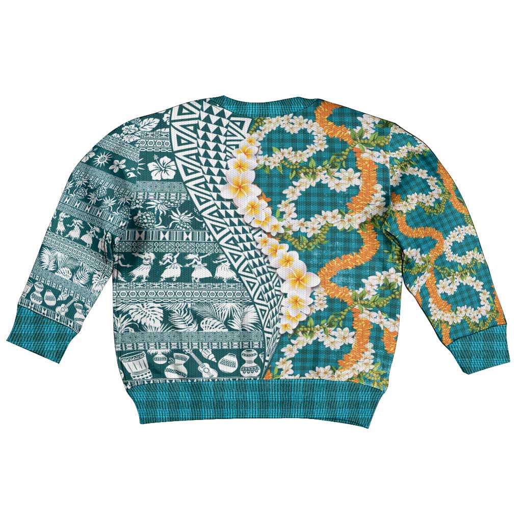 Hawaiian Plumeria Lei Kid Ugly Christmas Sweater Kakau Motifs and Palaka Half Style Turquoise Color - Polynesian Pride