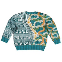 Hawaiian Plumeria Lei Kid Ugly Christmas Sweater Kakau Motifs and Palaka Half Style Turquoise Color - Polynesian Pride