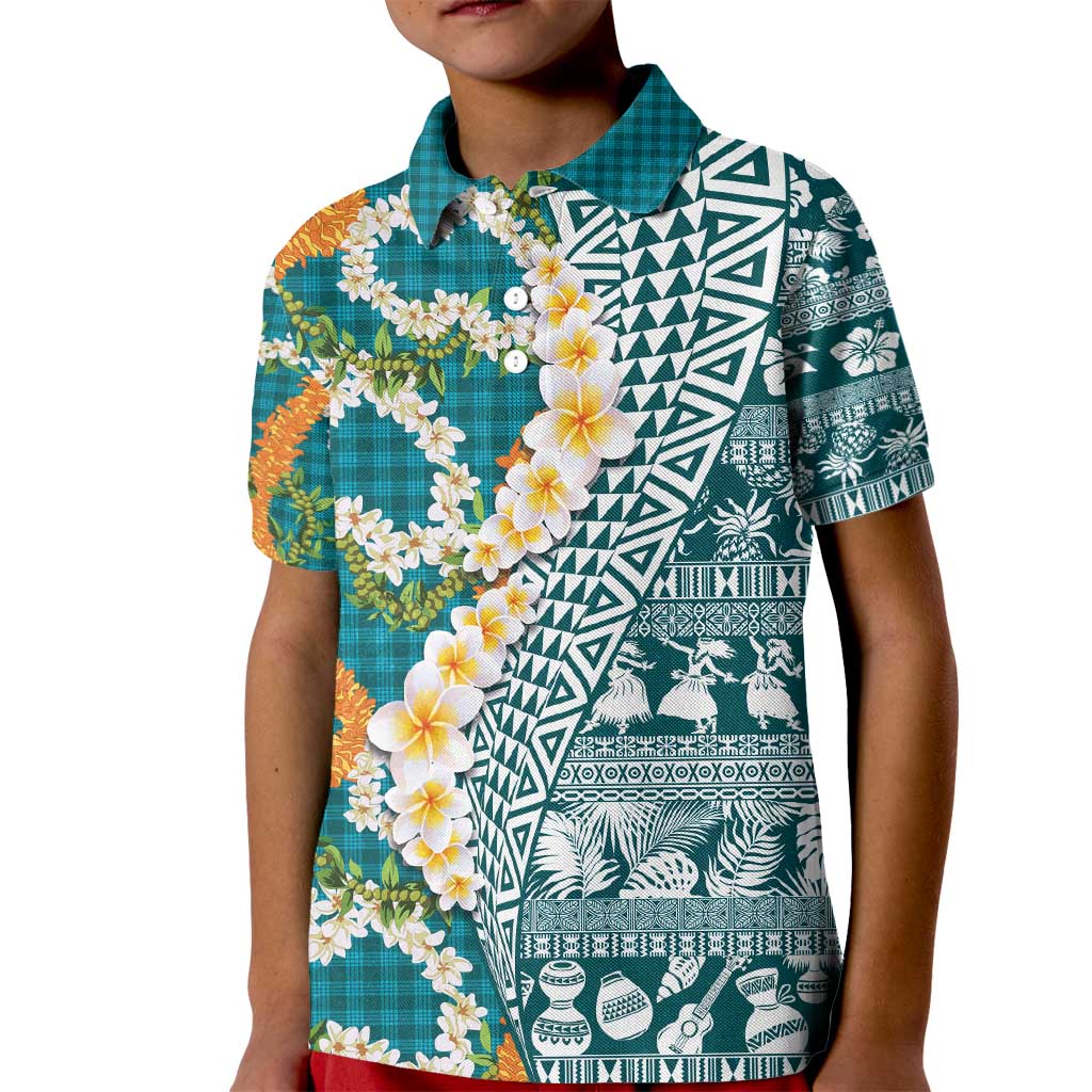 Hawaiian Plumeria Lei Kid Polo Shirt Kakau Motifs and Palaka Half Style Turquoise Color - Polynesian Pride