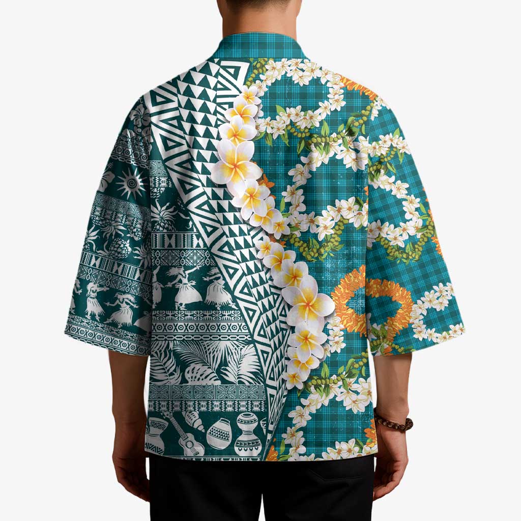 Hawaiian Plumeria Lei Kimono Kakau Motifs and Palaka Half Style Turquoise Color - Polynesian Pride