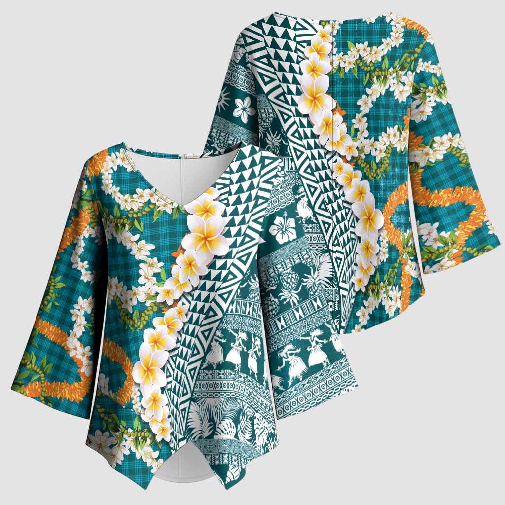 Hawaiian Plumeria Lei Kimono Sleeve Blouse Kakau Motifs and Palaka Half Style Turquoise Color - Polynesian Pride