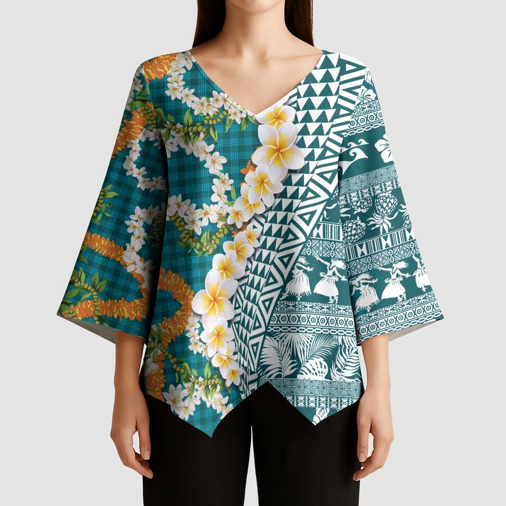 Hawaiian Plumeria Lei Kimono Sleeve Blouse Kakau Motifs and Palaka Half Style Turquoise Color - Polynesian Pride