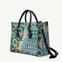 Hawaiian Plumeria Lei Leather Bag Kakau Motifs and Palaka Half Style Turquoise Color - Polynesian Pride