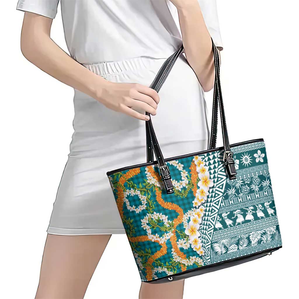 Hawaiian Plumeria Lei Leather Tote Bag Kakau Motifs and Palaka Half Style Turquoise Color - Polynesian Pride
