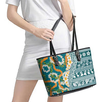 Hawaiian Plumeria Lei Leather Tote Bag Kakau Motifs and Palaka Half Style Turquoise Color - Polynesian Pride