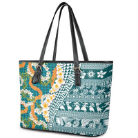 Hawaiian Plumeria Lei Leather Tote Bag Kakau Motifs and Palaka Half Style Turquoise Color - Polynesian Pride