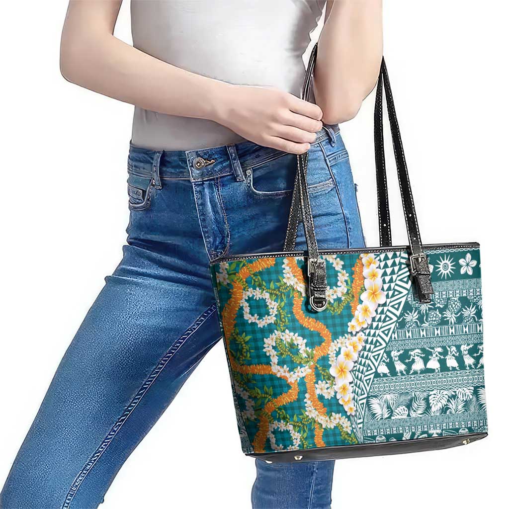 Hawaiian Plumeria Lei Leather Tote Bag Kakau Motifs and Palaka Half Style Turquoise Color - Polynesian Pride