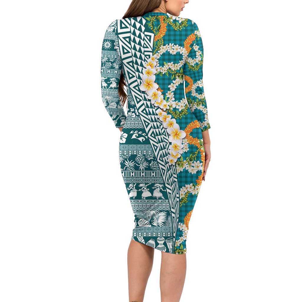 Hawaiian Plumeria Lei Long Sleeve Bodycon Dress Kakau Motifs and Palaka Half Style Turquoise Color - Polynesian Pride