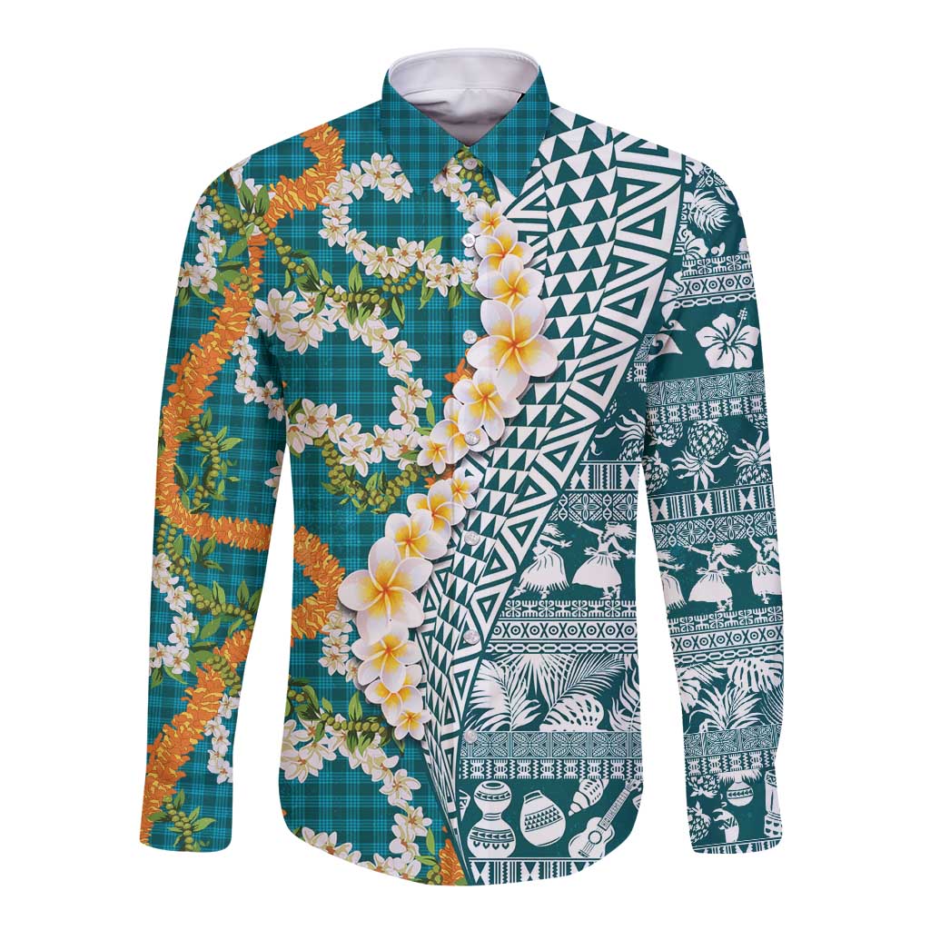 Hawaiian Plumeria Lei Long Sleeve Button Shirt Kakau Motifs and Palaka Half Style Turquoise Color - Polynesian Pride