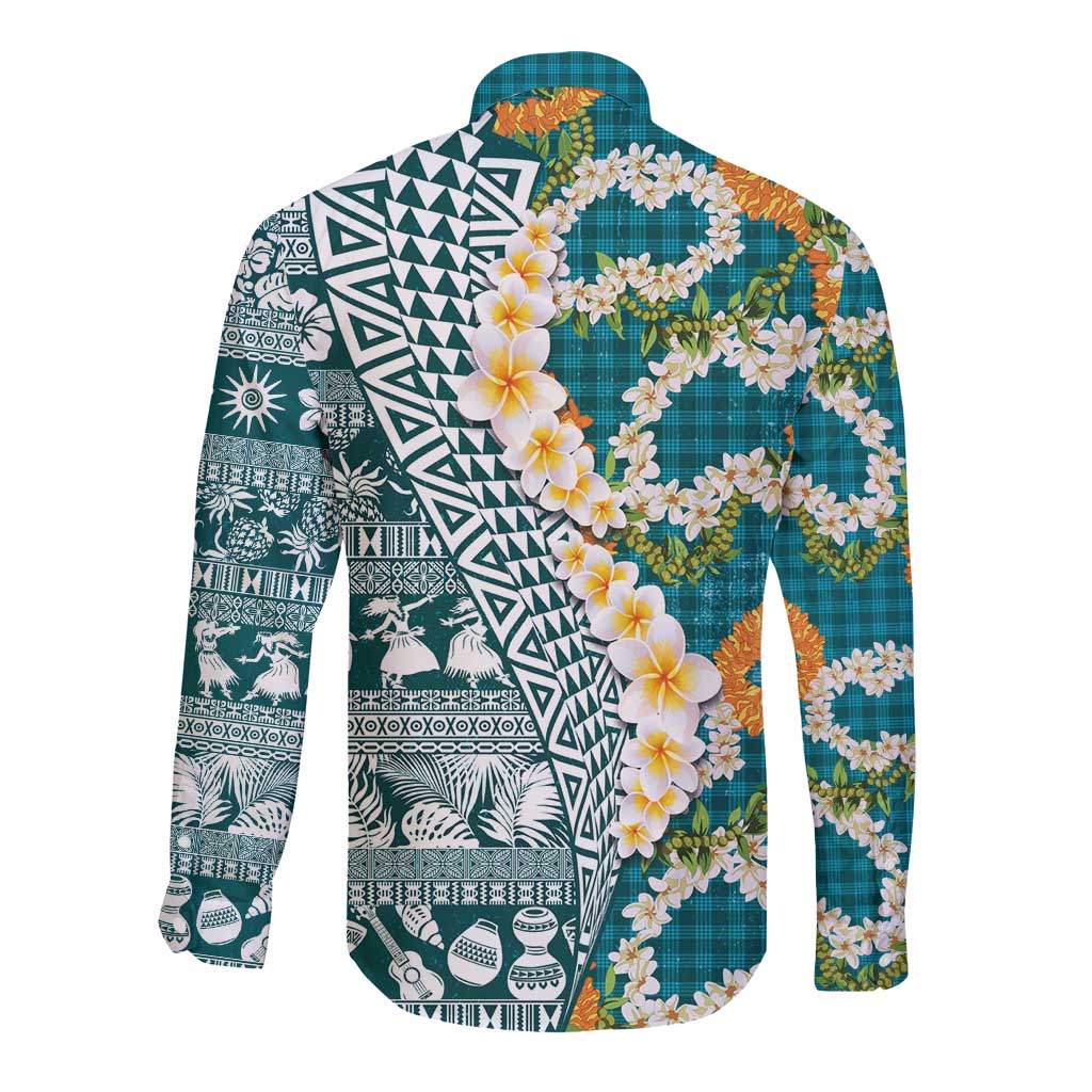 Hawaiian Plumeria Lei Long Sleeve Button Shirt Kakau Motifs and Palaka Half Style Turquoise Color - Polynesian Pride