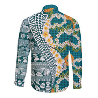 Hawaiian Plumeria Lei Long Sleeve Button Shirt Kakau Motifs and Palaka Half Style Turquoise Color - Polynesian Pride