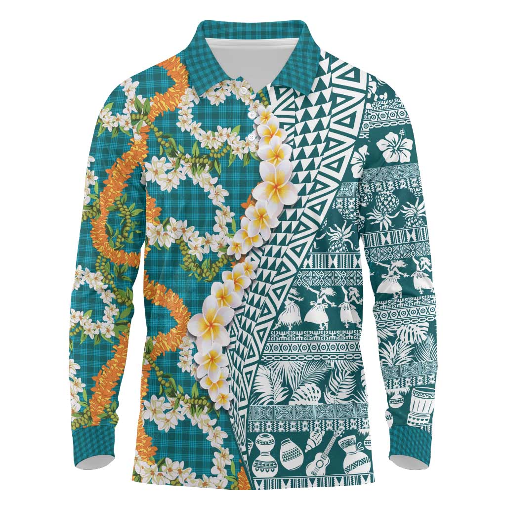 Hawaiian Plumeria Lei Long Sleeve Polo Shirt Kakau Motifs and Palaka Half Style Turquoise Color - Polynesian Pride