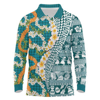Hawaiian Plumeria Lei Long Sleeve Polo Shirt Kakau Motifs and Palaka Half Style Turquoise Color - Polynesian Pride