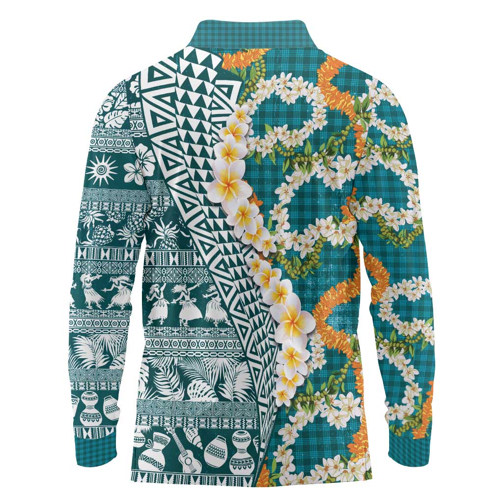 Hawaiian Plumeria Lei Long Sleeve Polo Shirt Kakau Motifs and Palaka Half Style Turquoise Color - Polynesian Pride