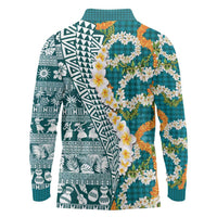 Hawaiian Plumeria Lei Long Sleeve Polo Shirt Kakau Motifs and Palaka Half Style Turquoise Color - Polynesian Pride