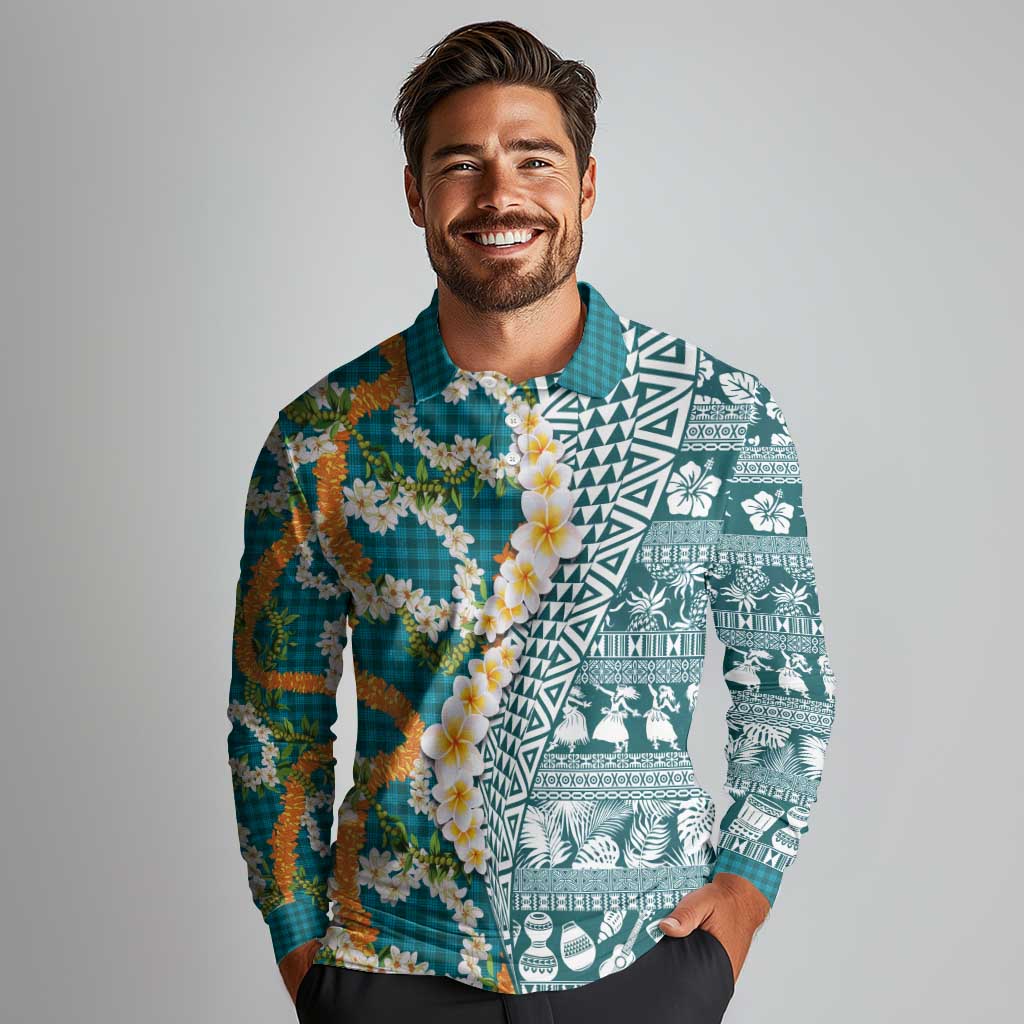 Hawaiian Plumeria Lei Long Sleeve Polo Shirt Kakau Motifs and Palaka Half Style Turquoise Color - Polynesian Pride