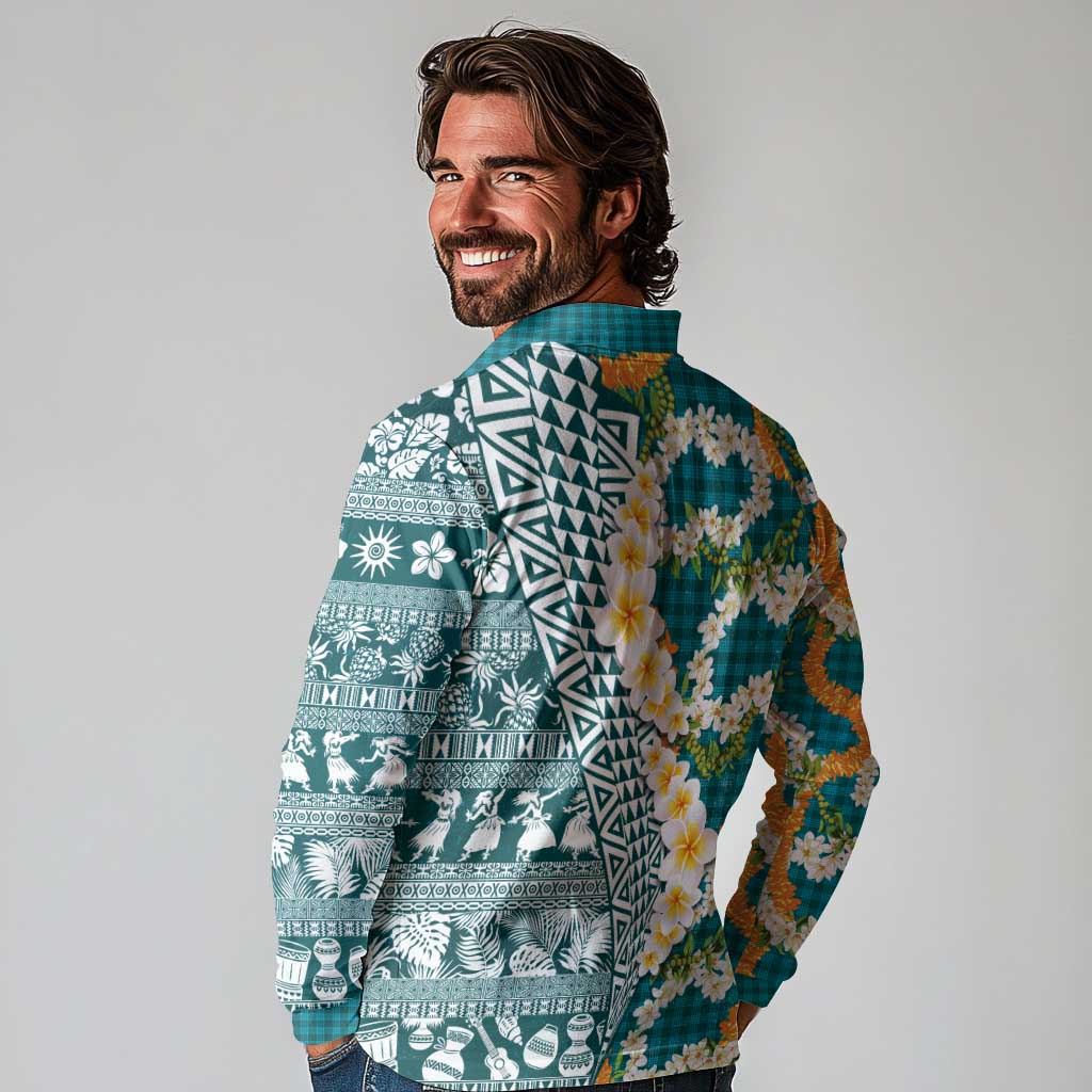 Hawaiian Plumeria Lei Long Sleeve Polo Shirt Kakau Motifs and Palaka Half Style Turquoise Color - Polynesian Pride