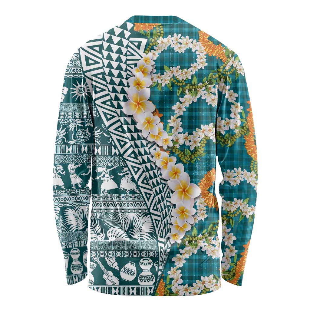 Hawaiian Plumeria Lei Long Sleeve Shirt Kakau Motifs and Palaka Half Style Turquoise Color - Polynesian Pride