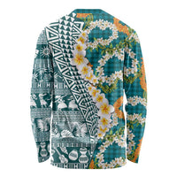 Hawaiian Plumeria Lei Long Sleeve Shirt Kakau Motifs and Palaka Half Style Turquoise Color - Polynesian Pride