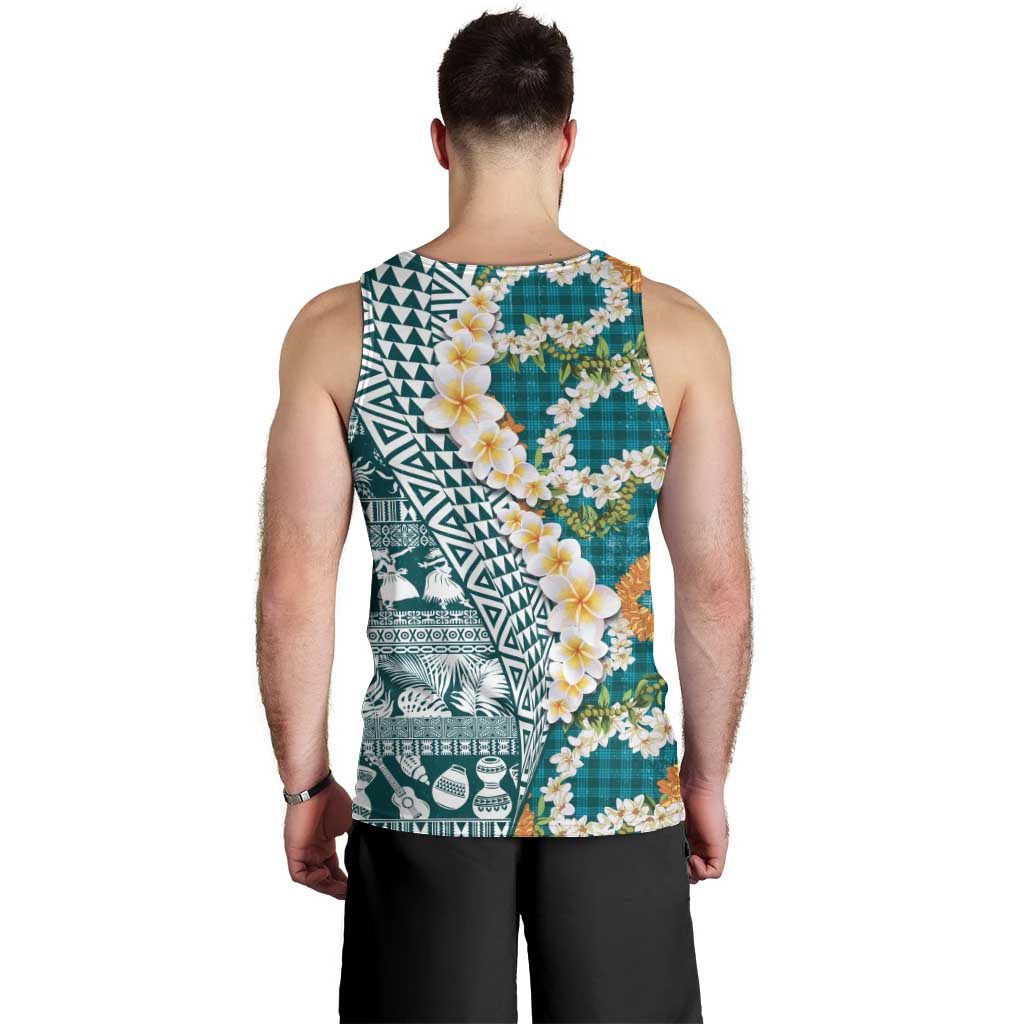 Hawaiian Plumeria Lei Men Tank Top Kakau Motifs and Palaka Half Style Turquoise Color - Polynesian Pride