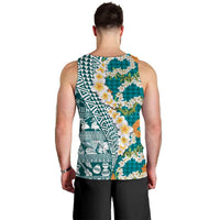 Hawaiian Plumeria Lei Men Tank Top Kakau Motifs and Palaka Half Style Turquoise Color - Polynesian Pride