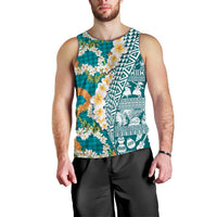 Hawaiian Plumeria Lei Men Tank Top Kakau Motifs and Palaka Half Style Turquoise Color - Polynesian Pride