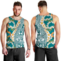 Hawaiian Plumeria Lei Men Tank Top Kakau Motifs and Palaka Half Style Turquoise Color - Polynesian Pride