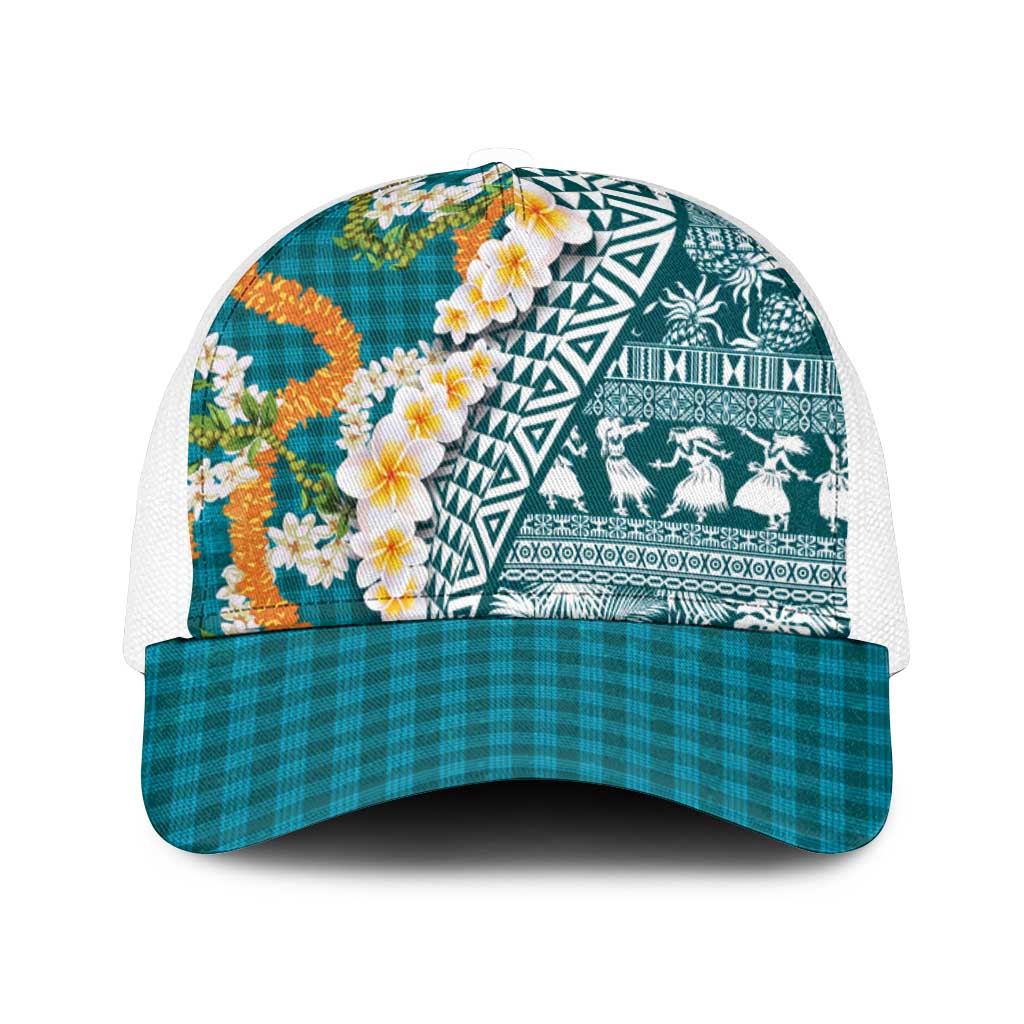 Hawaiian Plumeria Lei Mesh Trucker Cap Kakau Motifs and Palaka Half Style Turquoise Color - Polynesian Pride