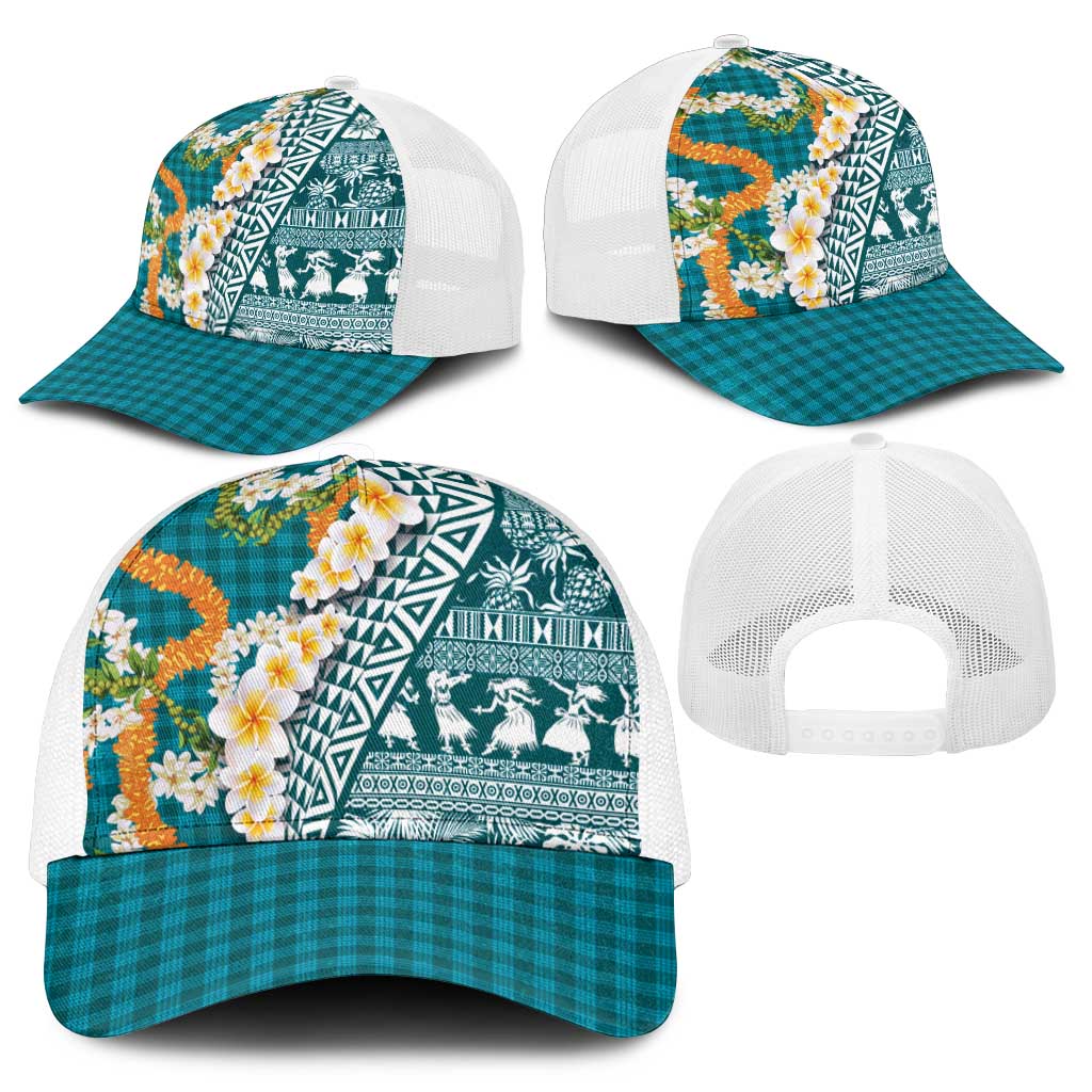 Hawaiian Plumeria Lei Mesh Trucker Cap Kakau Motifs and Palaka Half Style Turquoise Color - Polynesian Pride
