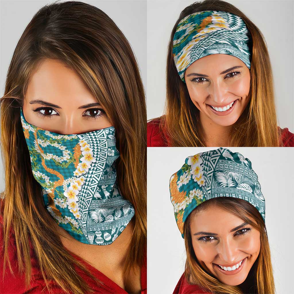 Hawaiian Plumeria Lei Neck Gaiter Kakau Motifs and Palaka Half Style Turquoise Color - Polynesian Pride