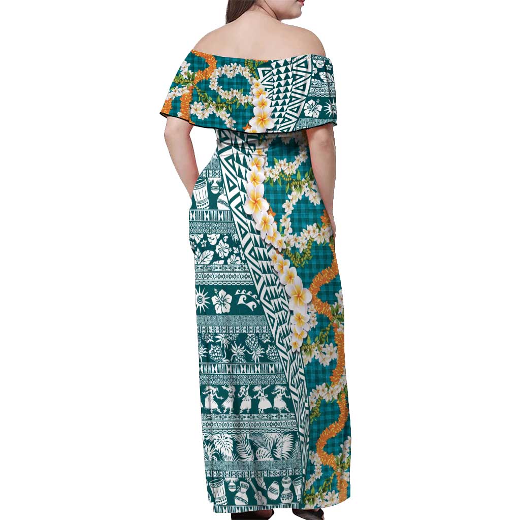 Hawaiian Plumeria Lei Off Shoulder Maxi Dress Kakau Motifs and Palaka Half Style Turquoise Color - Polynesian Pride