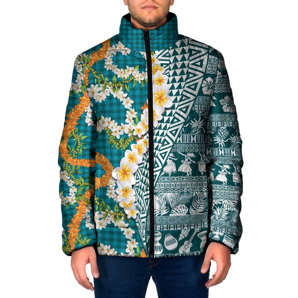 Hawaiian Plumeria Lei Padded Jacket Kakau Motifs and Palaka Half Style Turquoise Color - Polynesian Pride