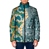 Hawaiian Plumeria Lei Padded Jacket Kakau Motifs and Palaka Half Style Turquoise Color - Polynesian Pride