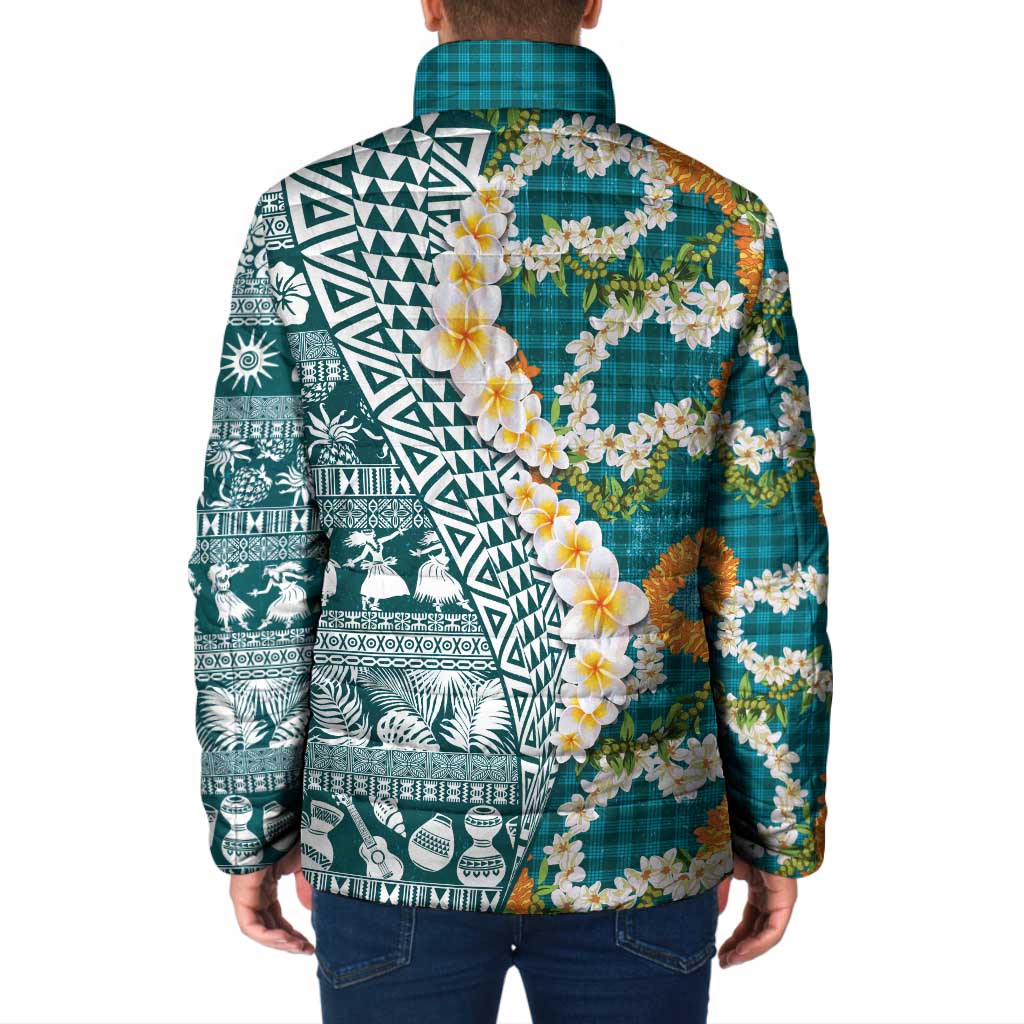 Hawaiian Plumeria Lei Padded Jacket Kakau Motifs and Palaka Half Style Turquoise Color - Polynesian Pride