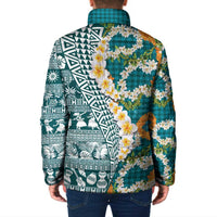 Hawaiian Plumeria Lei Padded Jacket Kakau Motifs and Palaka Half Style Turquoise Color - Polynesian Pride