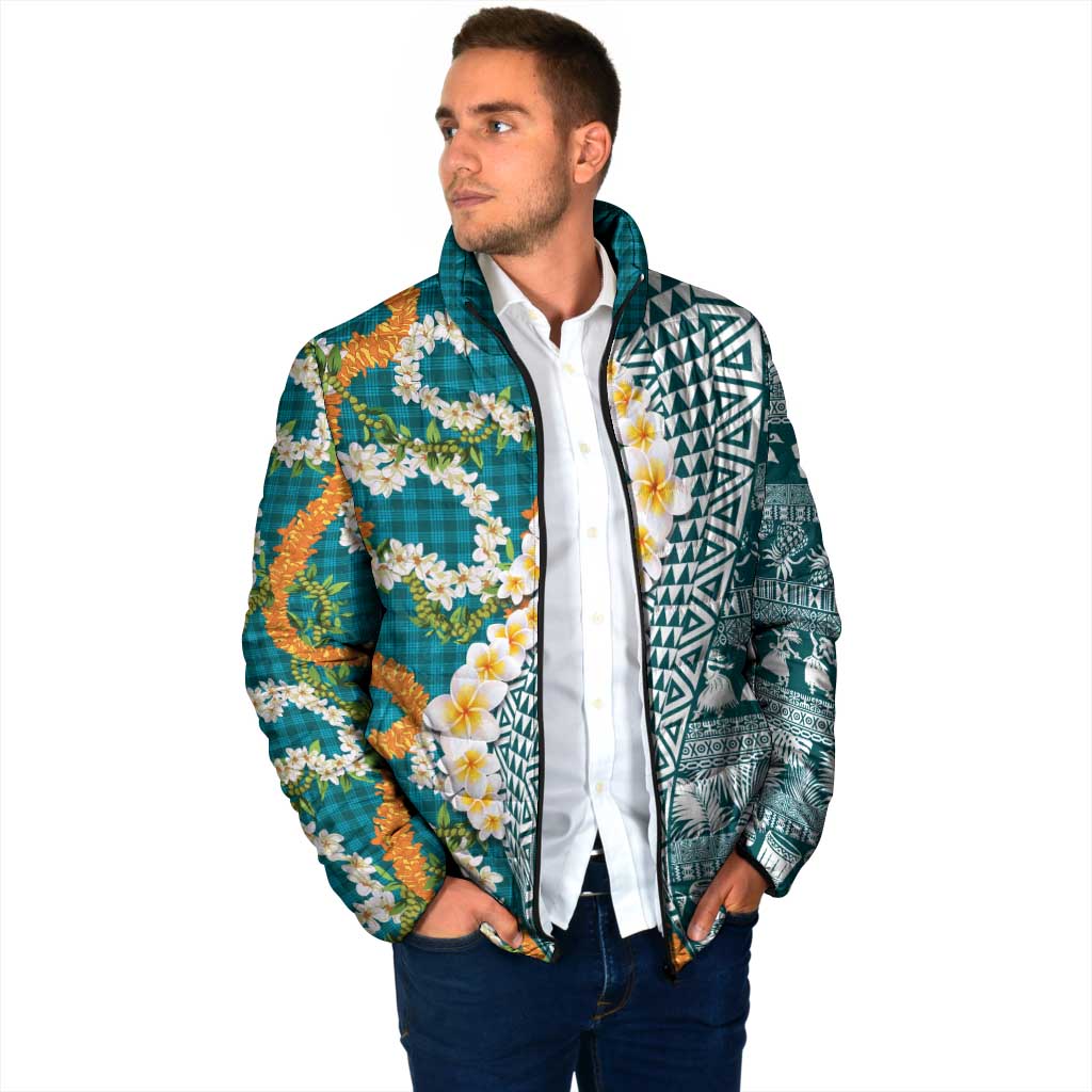 Hawaiian Plumeria Lei Padded Jacket Kakau Motifs and Palaka Half Style Turquoise Color - Polynesian Pride
