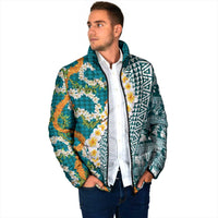 Hawaiian Plumeria Lei Padded Jacket Kakau Motifs and Palaka Half Style Turquoise Color - Polynesian Pride