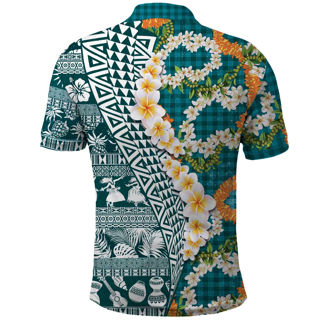 Hawaiian Plumeria Lei Polo Shirt Kakau Motifs and Palaka Half Style Turquoise Color - Polynesian Pride