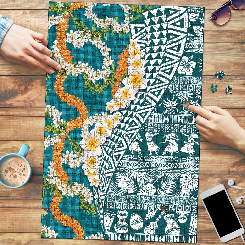 Hawaiian Plumeria Lei Puzzle Kakau Motifs and Palaka Half Style Turquoise Color - Polynesian Pride