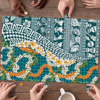 Hawaiian Plumeria Lei Puzzle Kakau Motifs and Palaka Half Style Turquoise Color - Polynesian Pride
