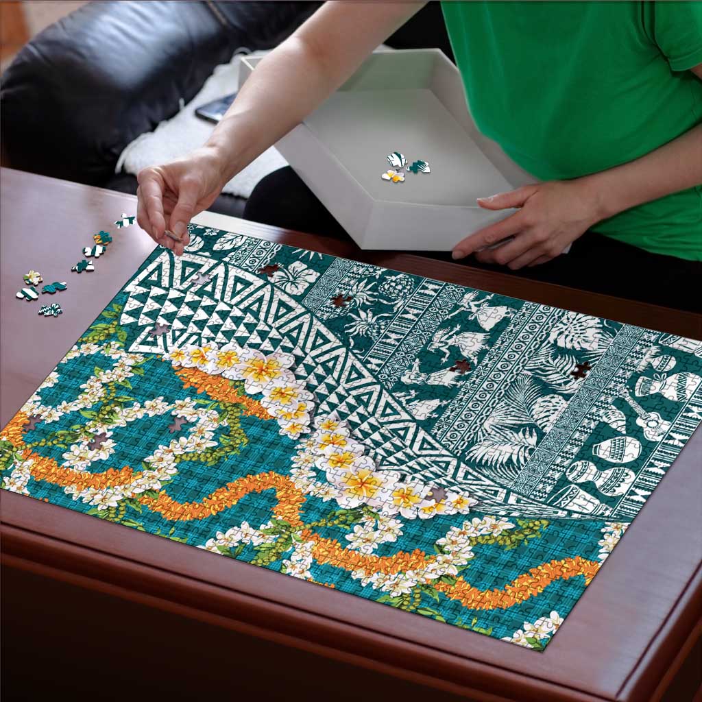 Hawaiian Plumeria Lei Puzzle Kakau Motifs and Palaka Half Style Turquoise Color - Polynesian Pride