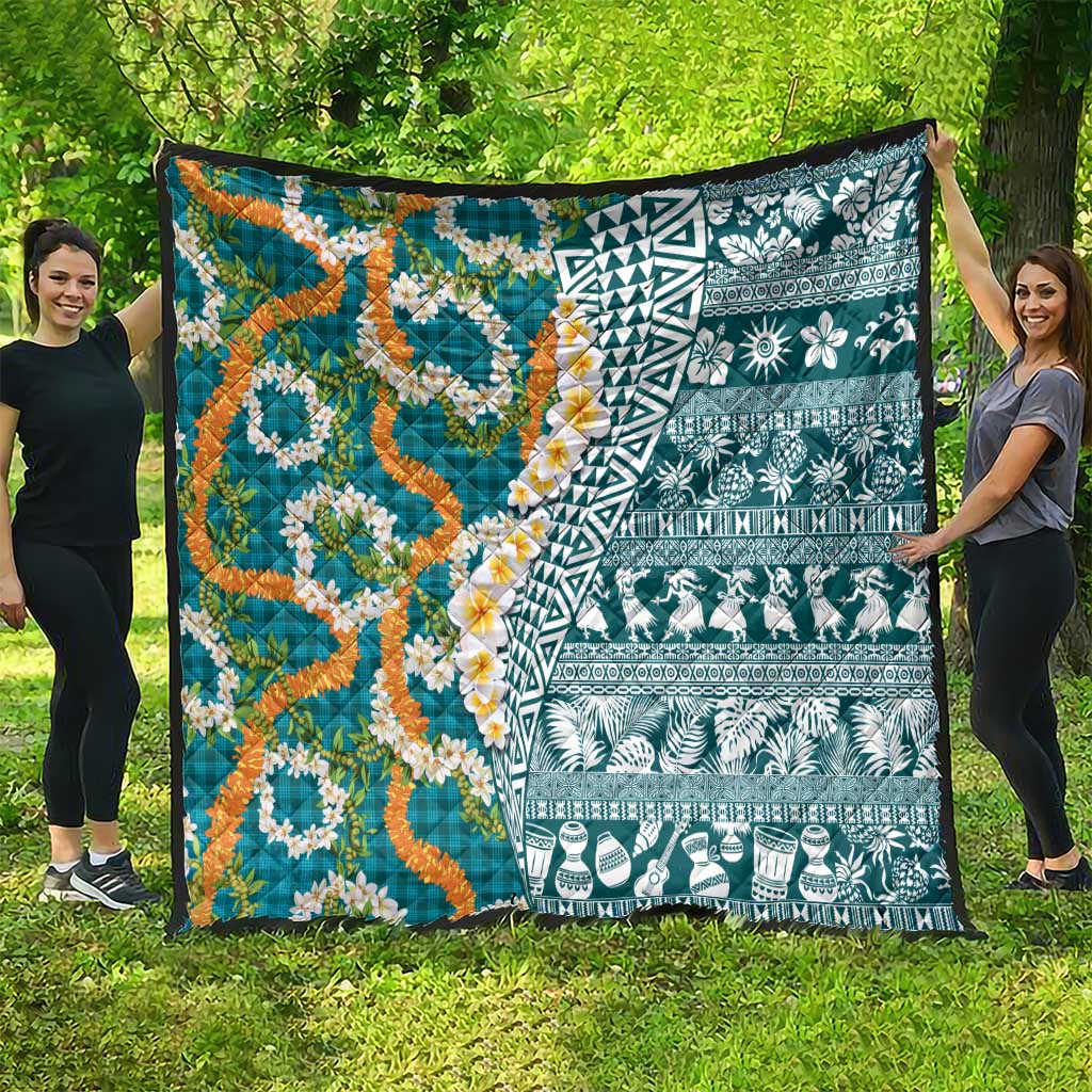 Hawaiian Plumeria Lei Quilt Kakau Motifs and Palaka Half Style Turquoise Color - Polynesian Pride