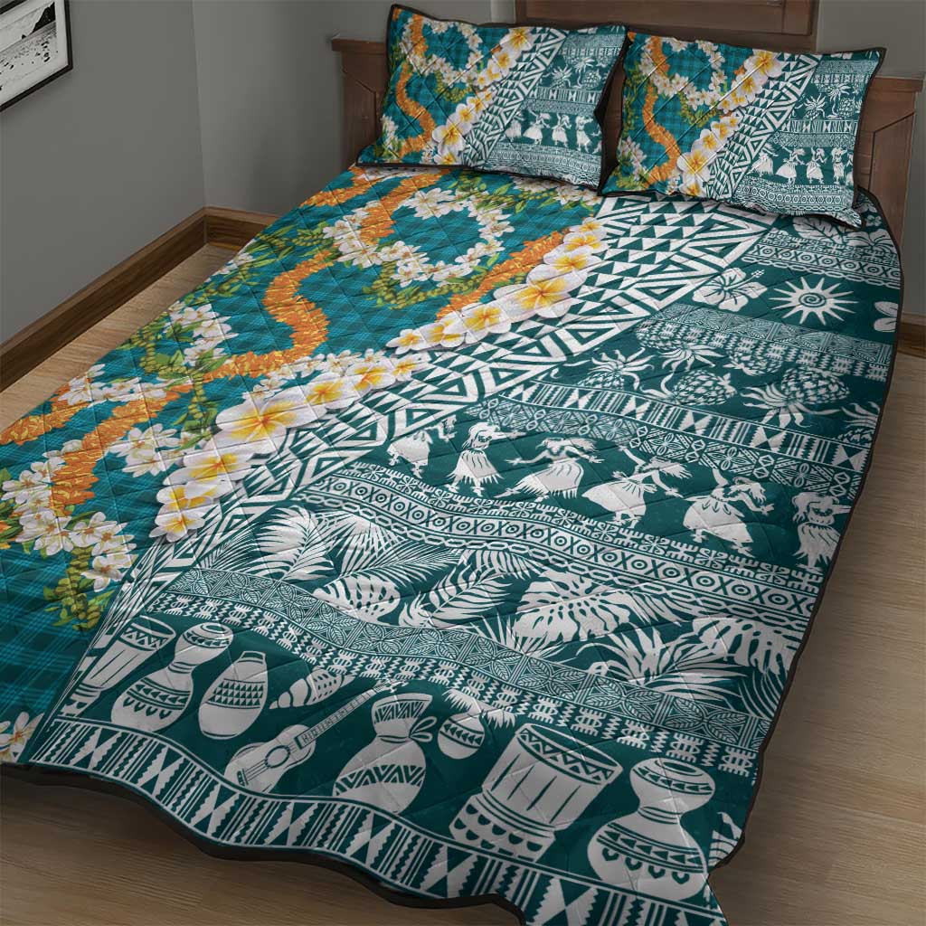Hawaiian Plumeria Lei Quilt Bed Set Kakau Motifs and Palaka Half Style Turquoise Color - Polynesian Pride