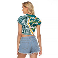 Hawaiian Plumeria Lei Raglan Cropped T Shirt Kakau Motifs and Palaka Half Style Turquoise Color - Polynesian Pride